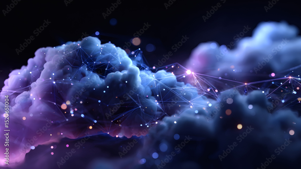 Poster futuristic digital clouds with glowing network connections and data points in a dark, cosmic atmosph