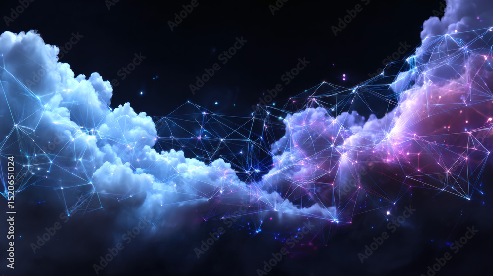 Poster digital network connections overlay colorful clouds, symbolizing cloud computing, data flow, and fut
