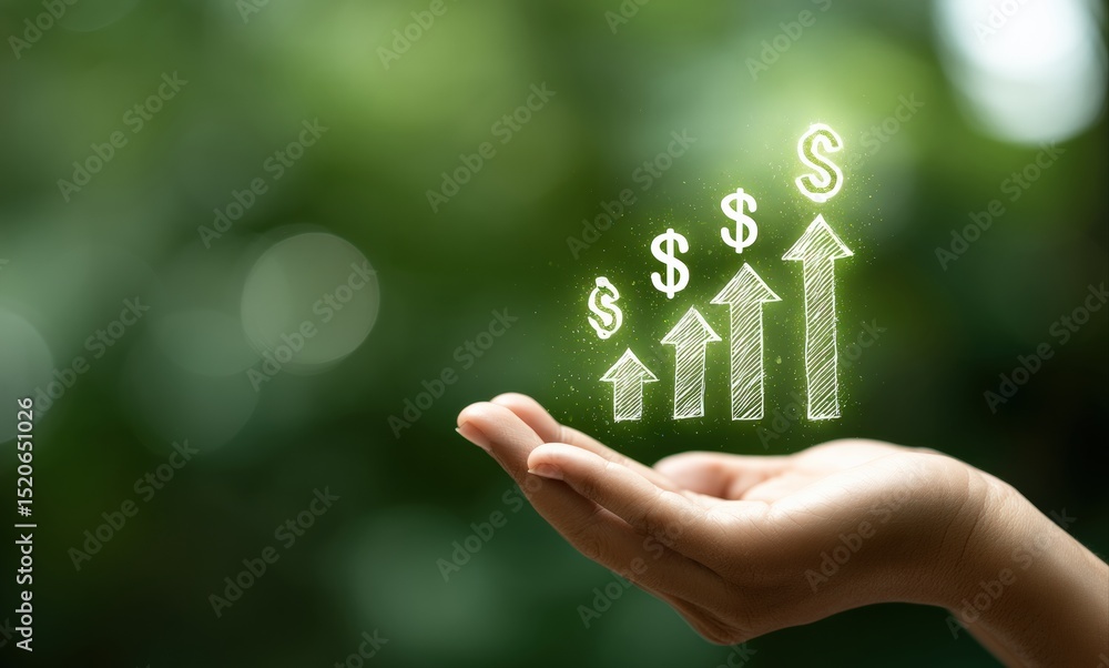 Poster Business development concept with increasing financial chart with dollar signs and arrows held by a hand on a green bokeh background
