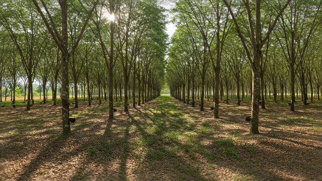 Rubber Tree Plantation: Rows of Trees in Sunlight