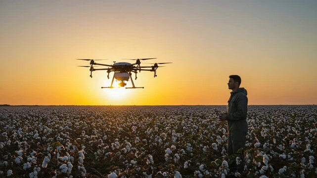 Farmer using drone technology in cotton field at sunset