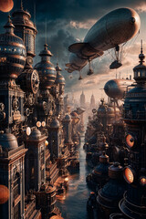A steampunk retro futuristic cityscape featuring airships in the sky, clock towers, and industrial creative design elements