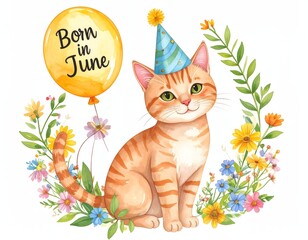 Adorable Ginger Cat Wearing Party Hat with Flowers and Balloon for June Birthday Celebration