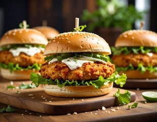 Gourmet chicken burgers on a wooden board