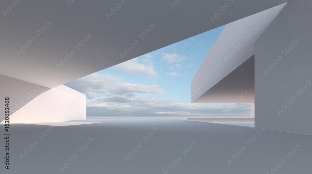 Aufkleber Geometric shapes create a perspective view of an open space with light gray tones and a cloudy sky background in a minimalist architectural 3d rendering