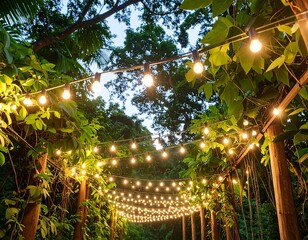 Pathway lit by string lights through a lush garden
