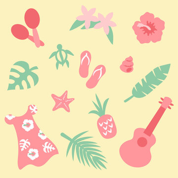 Cute Hawaiian Summer Icon Set &ndash; Vector Illustration