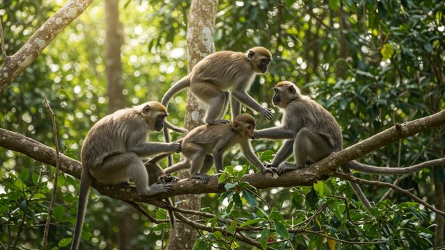 A group of monkeys hanging in a tropical forest, interacting with each other.