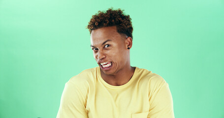Portrait, disgusted and man with reaction, studio and facial expression for disapproval and...