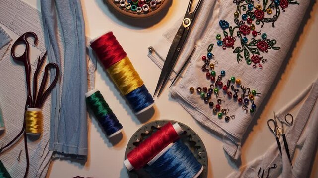 Creative embroidery harmony, colorful threads and tools on white background