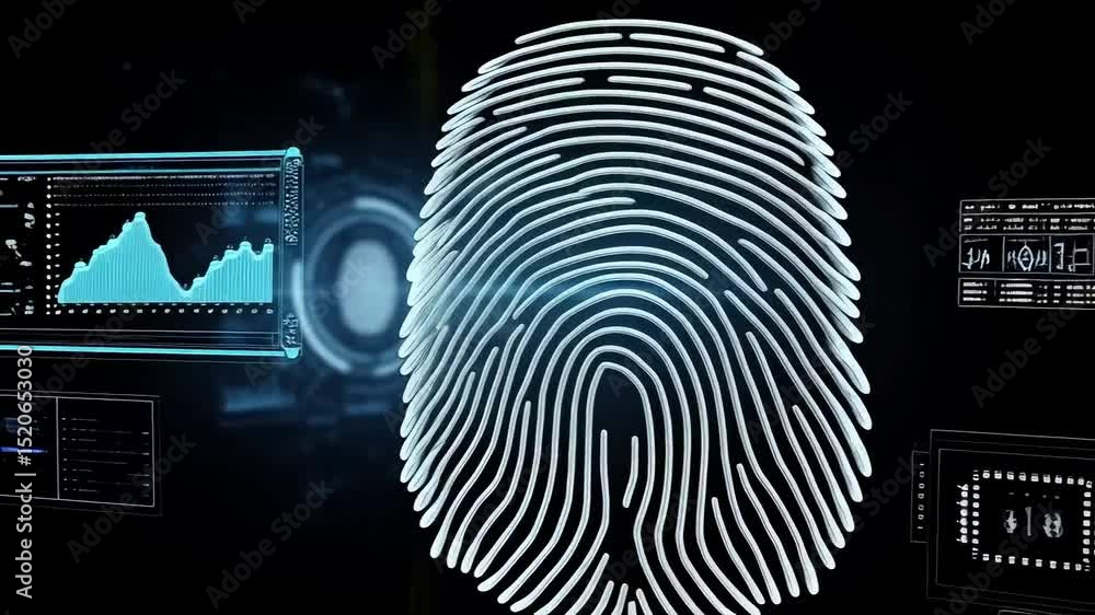 Poster fingerprint scan with digital interface and data analysis on a dark background