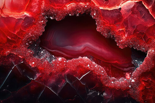 A striking red geode with shimmering crystal edges surrounding a smooth, dark red, layered core.