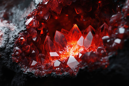 A vivid red geode with sharply defined, glowing crystals emerging from a dark, textured rock interior.