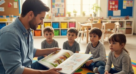 Teacher Reading a Storybook to a Group of Curious Preschoolers