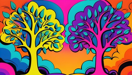 Vibrant trees stand against a bold and colorful backdrop featuring hues of yellow, blue, pink, and orange. The stylized design captures attention with its striking and vivid visual impact.