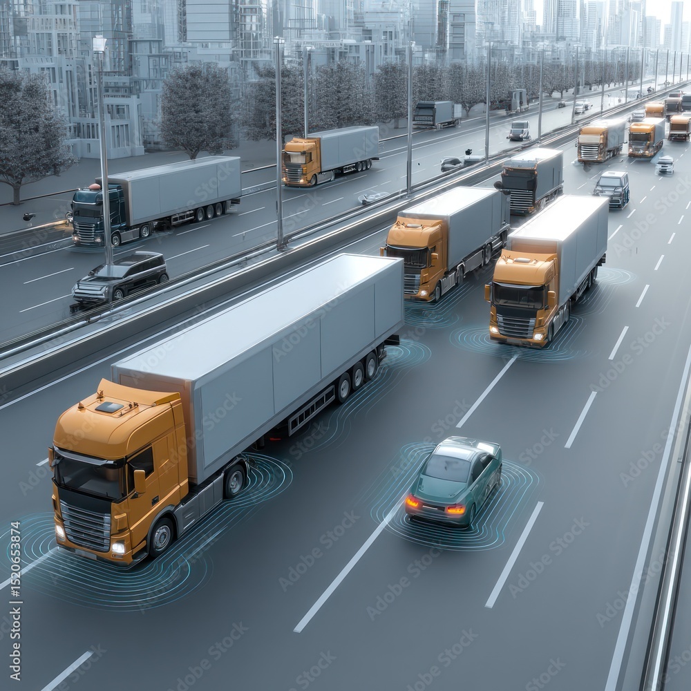 Poster autonomous vehicles navigating optimized routes in a smart logistics system to avoid traffic jams.