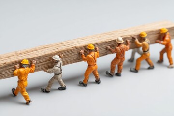Teamwork concept shown with multiple workers carrying a beam