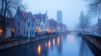 Fototapeta premium Misty Bruges Canal at Twilight with City Lights