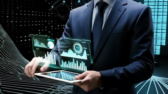 Businessman analyzing financial data with digital interface and tablet - Powered by Adobe