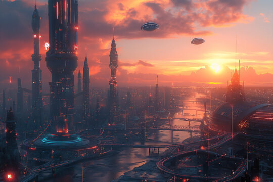A futuristic city glowing at sunset, with floating cars, glass towers, and lush rooftop parks.