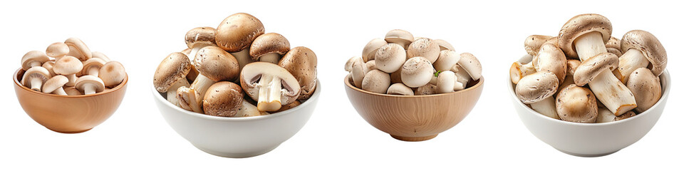 A collection of fresh champignon mushrooms in a bowl isolated on a transparent background