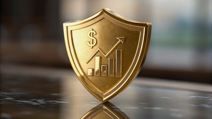 A golden shield with a dollar sign and upward trending graph symbolizes financial protection and growth.
