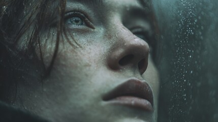Close-up of a person's face with water droplets on the skin and hair, looking upward with a somber and reflective gaze.