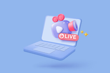 3d video camera icon isolated  with lens and button with laptop. Realistic film movie icon, play button for streaming multimedia concept. 3d cinema record icon vector render illustration