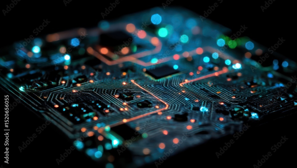 Poster futuristic circuit board lit with neon colors, displaying complex circuitry and design.