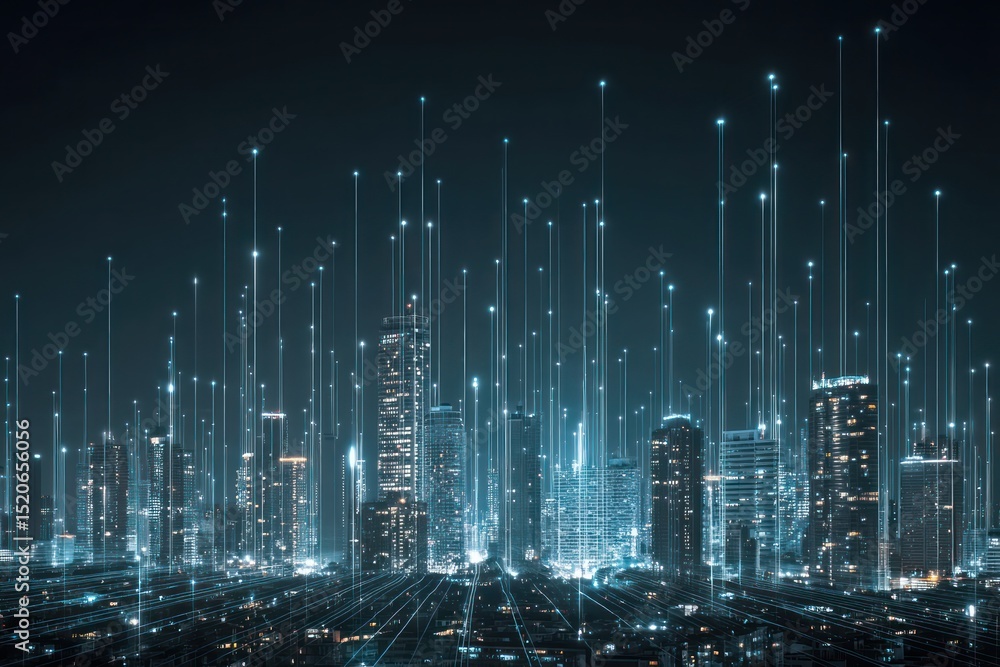 Poster cityscape with illuminated buildings and flowing data streams linking modern structures.