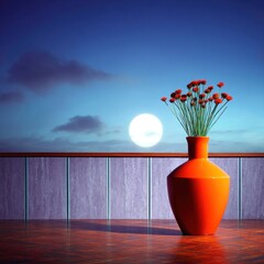 Orange vase with flowers at night