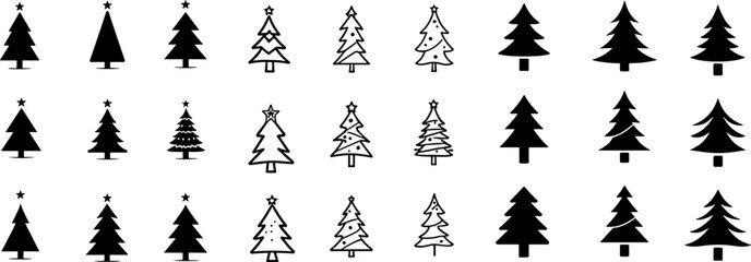 vector illustration of a set of silhouettes of pine trees isolated on white background