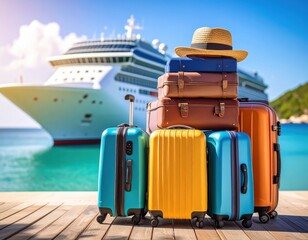 Luggage set with a cruise ship in port - Generative AI