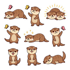A delightful set of adorable cartoon otters in various poses, perfect for children's illustrations, stickers, or any design needing a touch of playful cuteness and charm; features playful otters