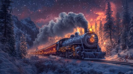 a magical winter train journey through snow-covered landscapes under a starry sky with warm festive lights illuminating the scene and creating a whimsical atmosphere
