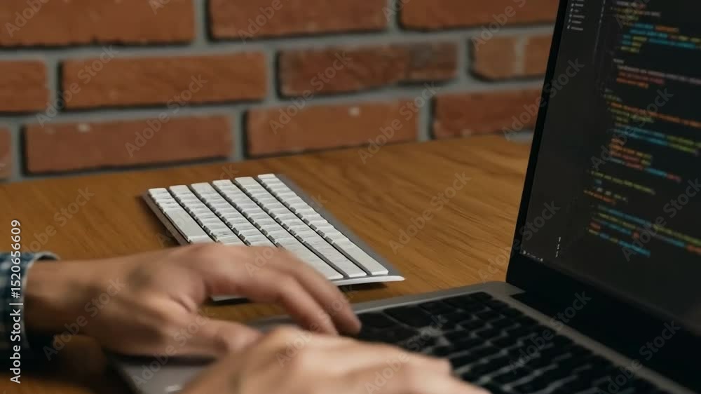 Aufkleber coding on a laptop with a brick wall background, showcasing software development