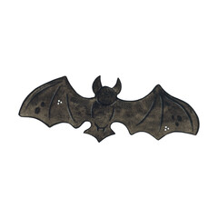 Black bat, halloween decoration. Cartoon watercolor illustration hand drawn, cartoon. Drawing for stickers, scrapbooking. Animals, vampire, black, bat, halloween, holiday, decoration, silhouette