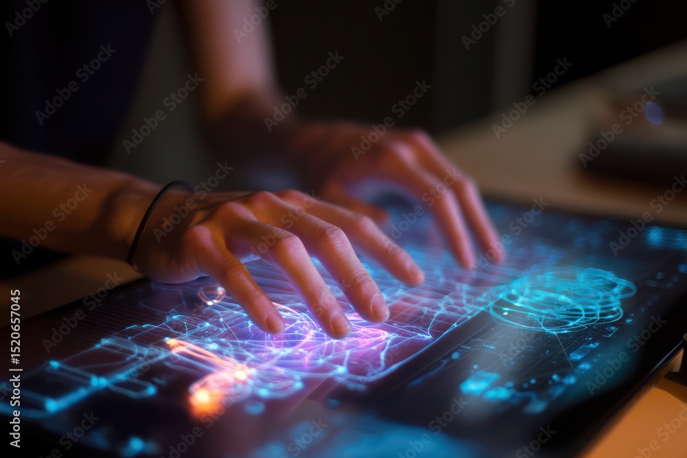Aufkleber interactive high-tech keyboard and touchscreen interface being used in a professional workspace.