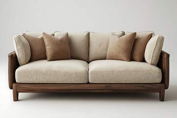 Modern Beige Sofa Mockup with Plush Cushions and Wooden Frame

