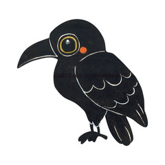 Black Raven Sitting in Profile for Halloween. Cartoon Watercolor Illustration Hand Drawn, Cartoon. Design for Stickers, Scrapbooking. Animals, Bird, Black, Crow, Raven, Halloween, Holiday, Decoration