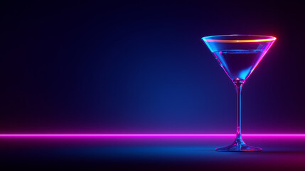 Blue neon martini glass with glowing reflections.