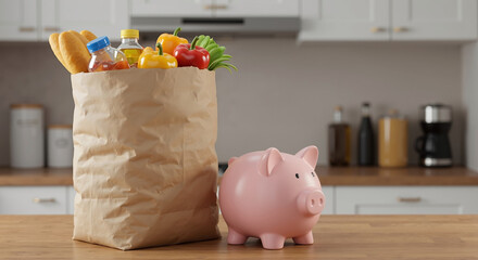 Pink piggy bank with grocery bag full of fresh vegetables and fruits on kitchen counter. Savings concept with food shopping and budget planning. Financial literacy for household expenses