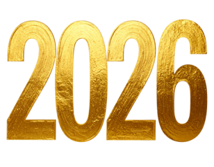 Gold Foil Brushstroke Style 2026 Numbers with Shiny Metallic Texture, isolated on a transparent background