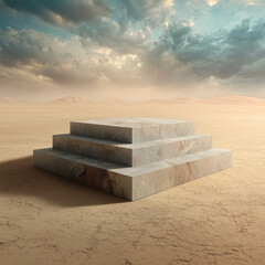 Layered stone pedestal with square steps in desert landscape.