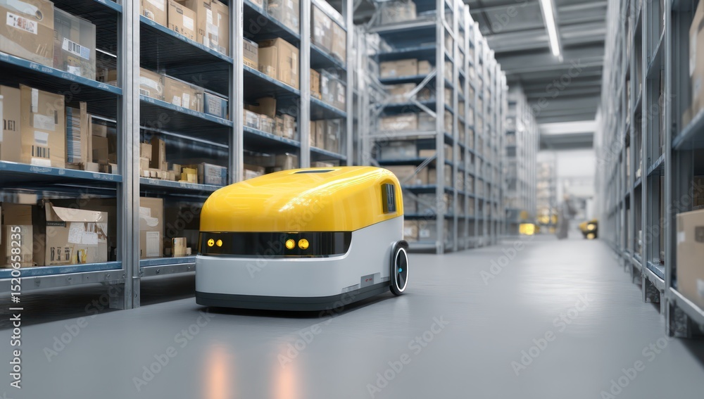 Poster inventory robot working in a smart warehouse, providing real-time data for inventory management.