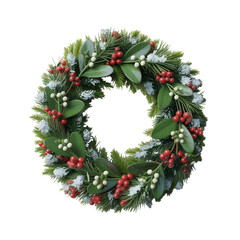 Festive winter wreath adorned with bright red berries and snow dusted on transparent background