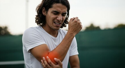 A young male tennis player is visibly discomforted, 
tennis elbow. holding his right elbow with a pained expression. He practices on a green court surrounded by fencing, indicating a warm day.