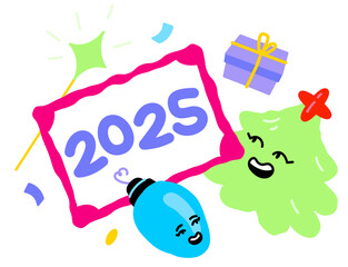 Lettering 2025 with christmas tree and gift box