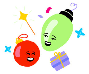 Christmas ornaments, magic wand and gift