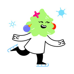 Character with Christmas tree head skating in snowfall